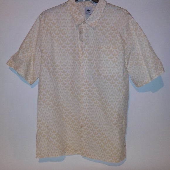 Adidas Button Up Shirt Mens XL Cream Beige Trefoil Allover Print Logo Short Slee - Picture 3 of 9
